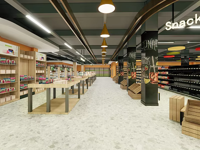 Modern Supermarket Interior With Snack Drinks Sections Wooden Shelves And Bright Lighting 3d model