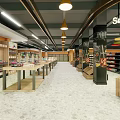 Modern Supermarket Interior With Snack Drinks Sections Wooden Shelves And Bright Lighting