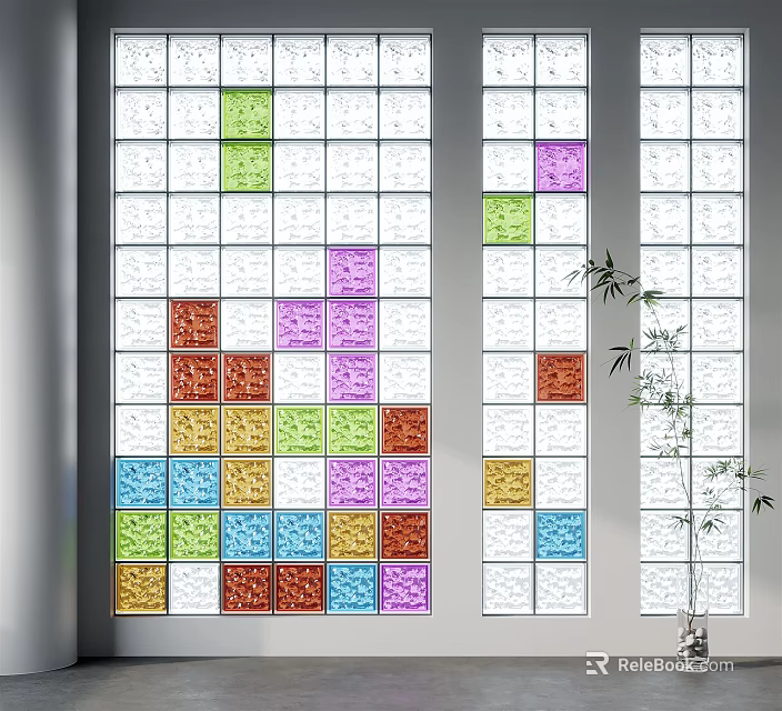 Vibrant Glass Wall with Colorful Square Patterns and Bamboo Plant Accent 3d model 