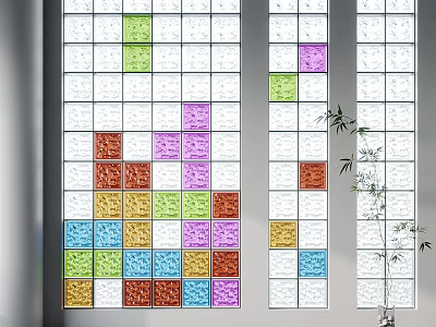 Vibrant Glass Wall with Colorful Square Patterns and Bamboo Plant Accent 3d model