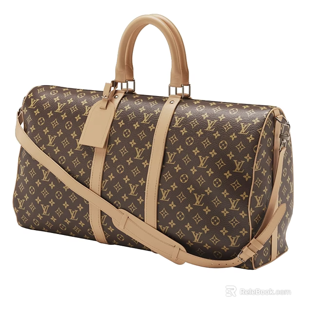 Brown Monogram Canvas Duffle Bag With Beige Leather Straps And Handles 3d model 
