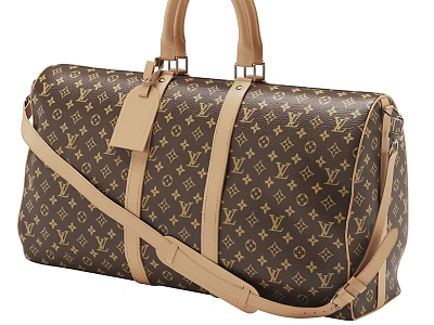 Brown Monogram Canvas Duffle Bag With Beige Leather Straps And Handles 3d model