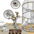Elegant Decorative Ornament Set with White Birdcage Floral Plates Teapot and Small Potted Plant