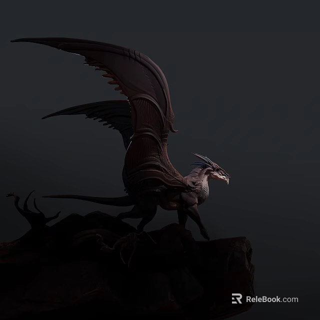 Detailed Dragon Sculpture with Spread Wings Standing on Rock Base 3d model 