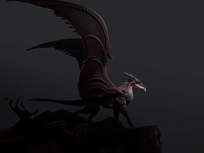Detailed Dragon Sculpture with Spread Wings Standing on Rock Base 3d model