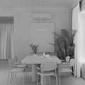 Modern Dining Table Set With Beige Chairs Hanging Lamp Wall Art And Green Plants