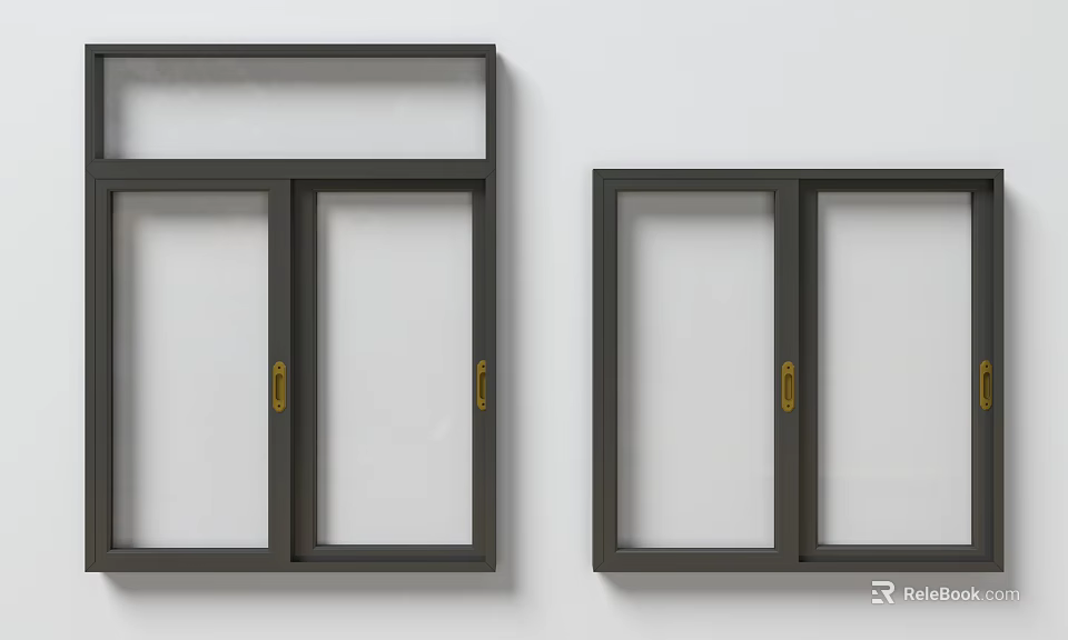 Modern Black Frame Sliding Windows With Golden Handles On White Wall 3d model 