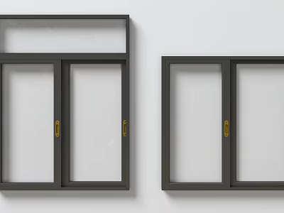 Modern Black Frame Sliding Windows With Golden Handles On White Wall 3d model