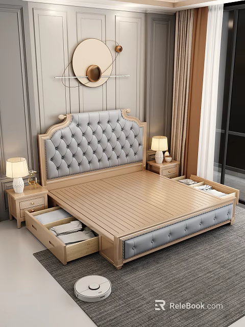 Elegant Gray Tufted Headboard Double Bed With Wooden Frame Storage Drawers And Nightstand Lamps 3d model 