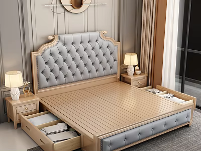 Elegant Gray Tufted Headboard Double Bed With Wooden Frame Storage Drawers And Nightstand Lamps 3d model