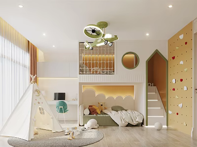 Kids Room Interior Design With Loft Bed Teepee Tent Rock Climbing Wall And Stuffed Toys 3d model