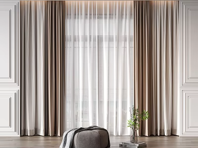 Elegant Curtains With Sheer Layers Neutral Tones White Paneled Walls Wooden Floor And Potted Plant 3d model