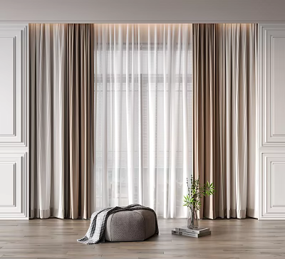 Elegant Curtains With Sheer Layers Neutral Tones White Paneled Walls Wooden Floor And Potted Plant 3d model