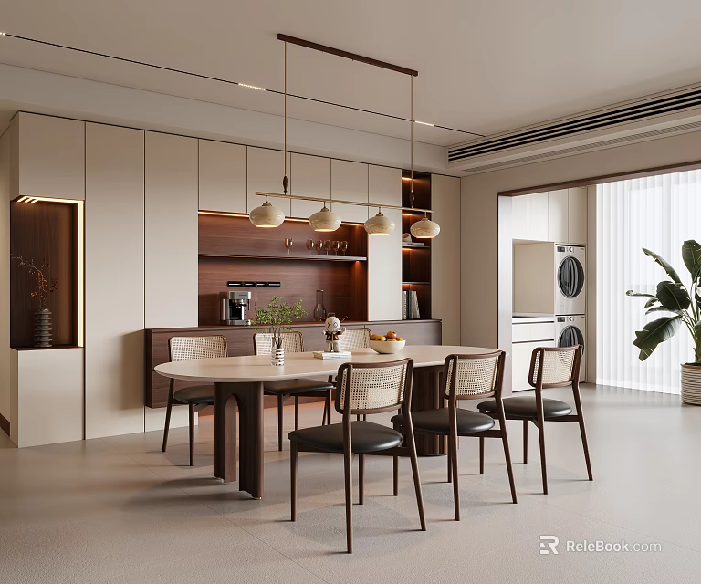 Modern Restaurant Interior Design With Round Dining Table Wooden Chairs And Pendant Lights 3d model 