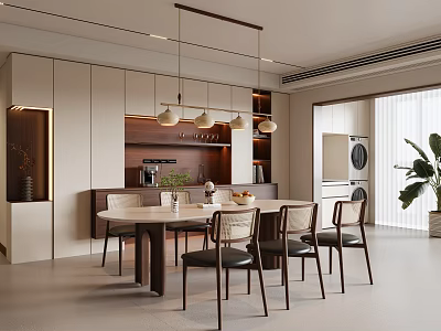 Modern Restaurant Interior Design With Round Dining Table Wooden Chairs And Pendant Lights 3d model