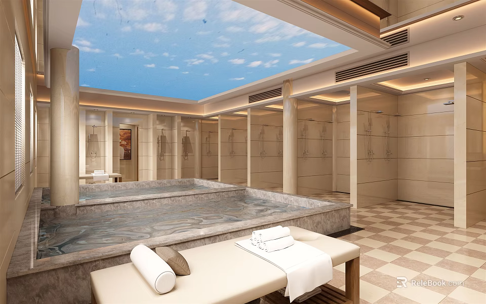 Serene SPA Sauna Interior Featuring Sky Ceiling Pool and Relaxation Benches with Towels 3d model 