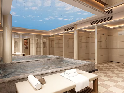 Serene SPA Sauna Interior Featuring Sky Ceiling Pool and Relaxation Benches with Towels 3d model