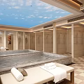 Serene SPA Sauna Interior Featuring Sky Ceiling Pool and Relaxation Benches with Towels