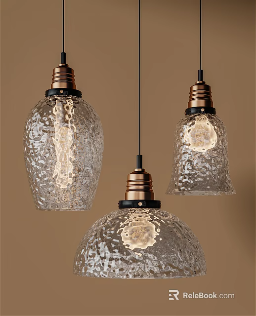 Three Vintage Pendant Lights With Textured Glass Shades And Brass Bases Glowing Warmly 3d model 