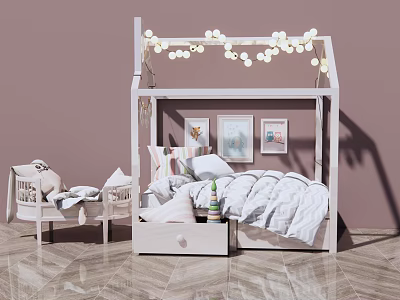 House Shaped Kids Bed With String Lights And Wall Art In Children's Room 3d model