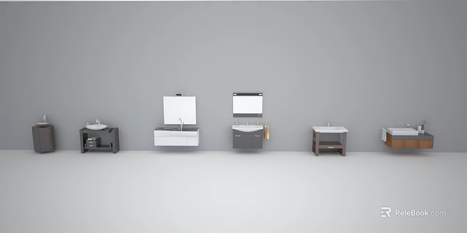 Various Modern Washbasin Vanities With Mirrors And Cabinet Storage In Contemporary Bathroom 3d model 