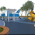 Vibrant Children's Play Area With Airplane Shaped Playground Equipment Trees And Colorful Ground