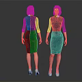 Metallic Teal Dress Female Figure Front And Back Views With High Heels Standing Pose