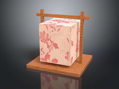 Handcrafted Decorative Cube With Red Floral Pattern On White Surface And Wooden Cross Frame Base 3d model