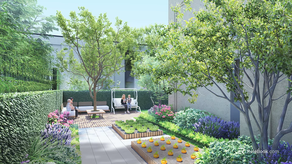 Scenic Feature Wall Design In Garden With Green Plants Seating And Flower Beds 3d model 