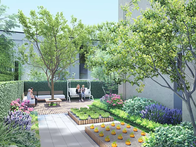 Scenic Feature Wall Design In Garden With Green Plants Seating And Flower Beds 3d model