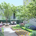 Scenic Feature Wall Design In Garden With Green Plants Seating And Flower Beds
