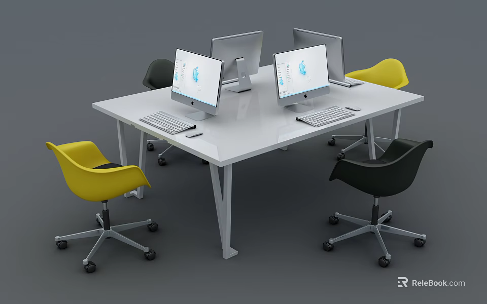 White Office Desk with Four Computer Monitors and Yellow Black Wheeled Chairs 3d model 