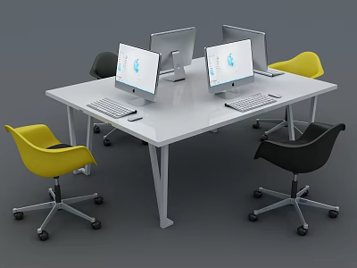 White Office Desk with Four Computer Monitors and Yellow Black Wheeled Chairs 3d model