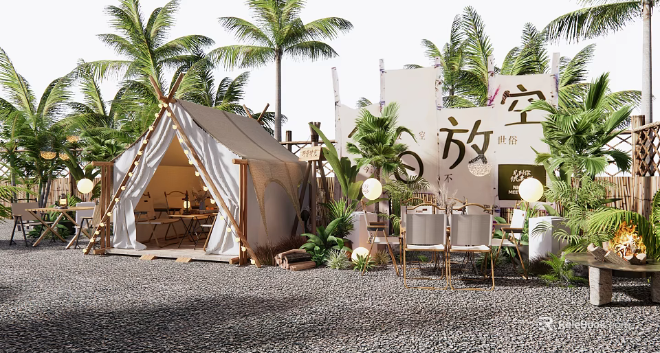Tropical Camping Site With Canvas Tent Palm Trees Tables And Chairs Decorative Flags 3d model 