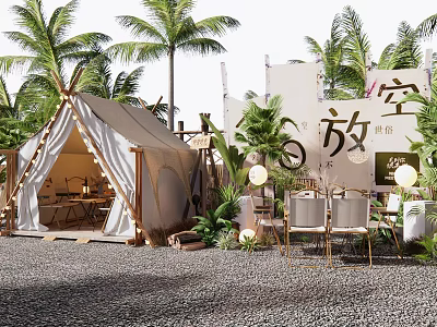 Tropical Camping Site With Canvas Tent Palm Trees Tables And Chairs Decorative Flags 3d model
