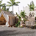 Tropical Camping Site With Canvas Tent Palm Trees Tables And Chairs Decorative Flags