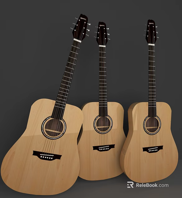 Three Natural Wood Acoustic Guitars With Classic Design For Music Enthusiasts 3d model 