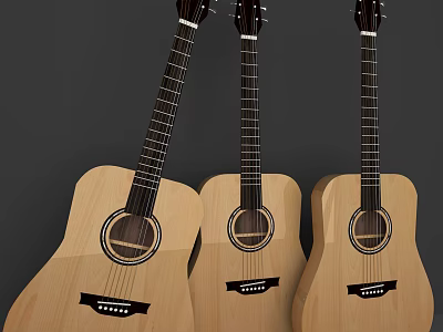 Three Natural Wood Acoustic Guitars With Classic Design For Music Enthusiasts 3d model