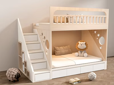 Wooden Bunk Bed With Stairs Storage Drawers Stuffed Lion Toy And Pillows 3d model