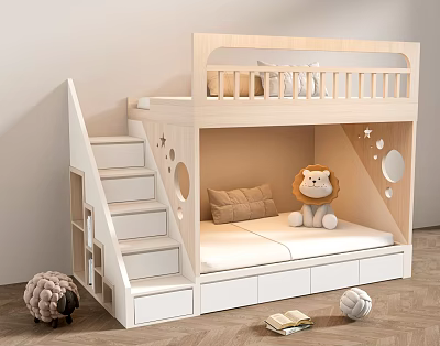 Wooden Bunk Bed With Stairs Storage Drawers Stuffed Lion Toy And Pillows 3d model
