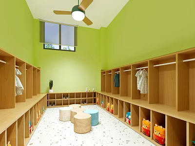 Green Walled Room With Ceiling Fan Window Wooden Lockers And Storage Cubbies 3d model