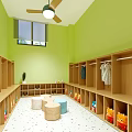 Green Walled Room With Ceiling Fan Window Wooden Lockers And Storage Cubbies