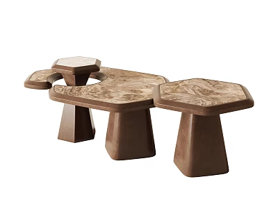 Unique Coffee Table Design With Wooden Texture And Geometric Combined Tabletops And Sturdy Hexagonal Legs 3d model