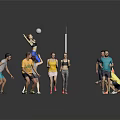 Group of People Playing Volleyball with Net and Spiking Actions Together 3d model