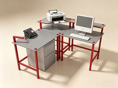Office Desk with Red Legs Gray Top and Cabinet Phone Printer Computer Keyboard 3d model