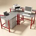 Office Desk with Red Legs Gray Top and Cabinet Phone Printer Computer Keyboard