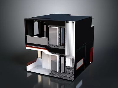 Modern Two Story Architecture Model With Black Roof And White Vertical Lines 3d model