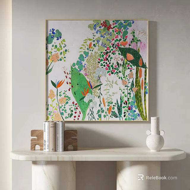 Vibrant Abstract Painting Featuring Floral Leaf Motifs Hanging Above White Marble Table With Books Vase 3d model 