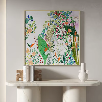 Vibrant Abstract Painting Featuring Floral Leaf Motifs Hanging Above White Marble Table With Books Vase 3d model