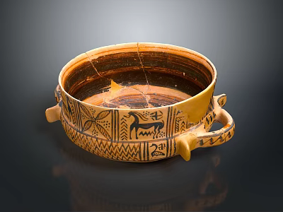 Ancient Ceramic Bowl With Two Handles And Carved Geometric Animal Patterns 3d model